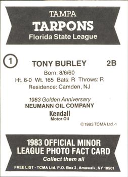 1983 TCMA Tampa Tarpons #1 Tony Burley Back