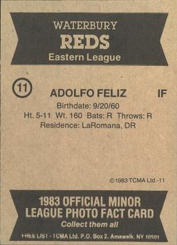 1983 TCMA Waterbury Reds #11 Adolfo Feliz Back