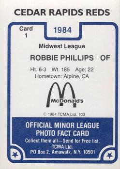 1984 TCMA Cedar Rapids Reds #1 Robbie Phillips Back