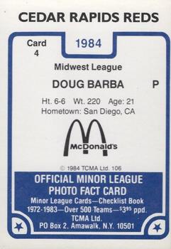 1984 TCMA Cedar Rapids Reds #4 Doug Barba Back