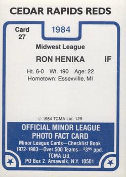 1984 TCMA Cedar Rapids Reds #27 Ron Henika Back