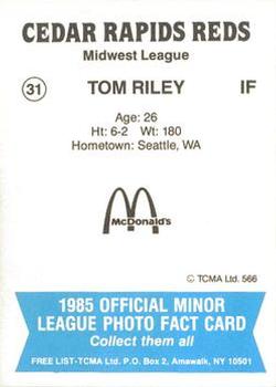 1985 TCMA Cedar Rapids Reds #31 Tom Riley Back