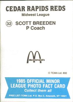 1985 TCMA Cedar Rapids Reds #32 Scott Breeden Back