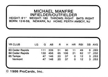 1986 ProCards Vermont Reds #NNO Mike Manfre Back