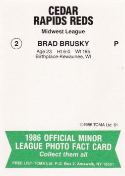 1986 TCMA Cedar Rapids Reds #2 Brad Brusky Back