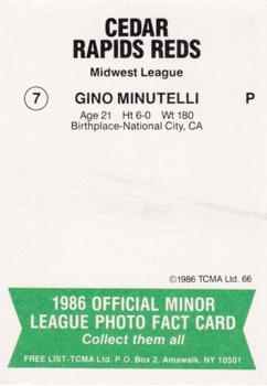 1986 TCMA Cedar Rapids Reds #7 Gino Minutelli Back