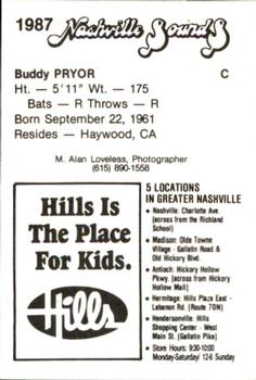 1987 Nashville Sounds #18 Buddy Pryor Back