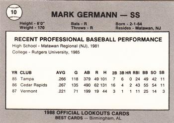 1988 Best Chattanooga Lookouts #10 Mark Germann Back