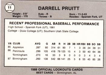1988 Best Chattanooga Lookouts #11 Darrell Pruitt Back