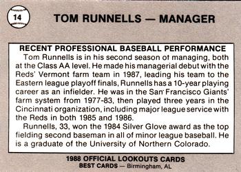 1988 Best Chattanooga Lookouts #14 Tom Runnells Back