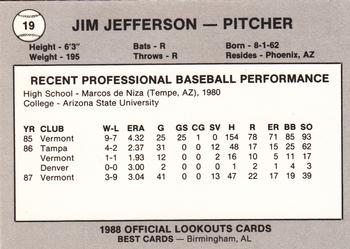 1988 Best Chattanooga Lookouts #19 Jim Jefferson Back