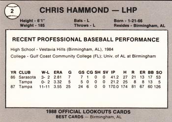 1988 Best Chattanooga Lookouts #2 Chris Hammond Back