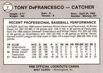 1988 Best Chattanooga Lookouts #7 Tony Defrancesco Back