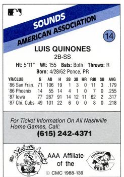 1988 CMC Nashville Sounds #14 Luis Quinones Back