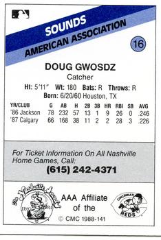 1988 CMC Nashville Sounds #16 Doug Gwosdz Back