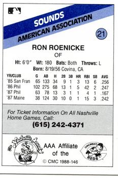 1988 CMC Nashville Sounds #21 Ron Roenicke Back