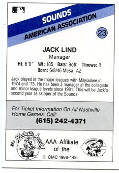 1988 CMC Nashville Sounds #23 Jack Lind Back
