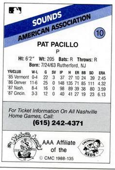 1988 CMC Nashville Sounds #10 Pat Pacillo Back