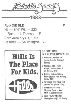 1988 Nashville Sounds #8 Rob Dibble Back