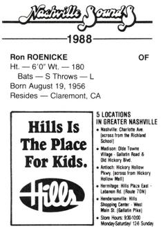 1988 Nashville Sounds #20 Ron Roenicke Back