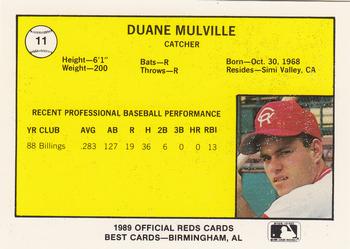 1989 Best Cedar Rapids Reds #11 Duane Mulville Back