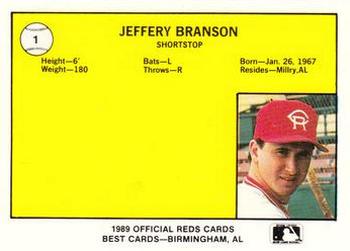 1989 Best Cedar Rapids Reds #1 Jeff Branson Back