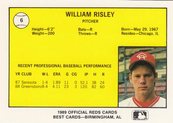 1989 Best Cedar Rapids Reds #6 Bill Risley Back