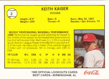 1989 Best Chattanooga Lookouts #2 Keith Kaiser Back