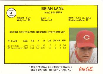 1989 Best Chattanooga Lookouts #4 Brian Lane Back