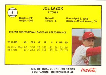 1989 Best Chattanooga Lookouts #5 Joe Lazor Back