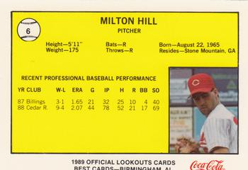 1989 Best Chattanooga Lookouts #6 Milt Hill Back