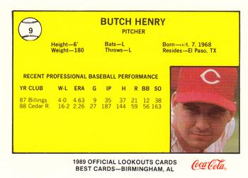 1989 Best Chattanooga Lookouts #9 Butch Henry Back