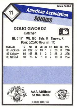 1989 CMC Nashville Sounds #11 Doug Gwosdz Back
