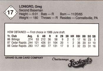 1989 Grand Slam Chattanooga Lookouts #17 Greg Lonigro Back