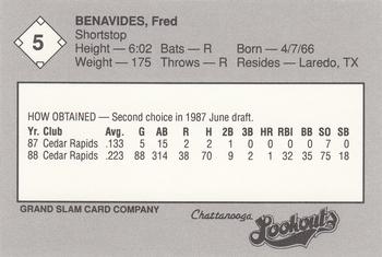 1989 Grand Slam Chattanooga Lookouts #5 Freddie Benavides Back