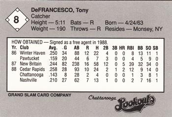 1989 Grand Slam Chattanooga Lookouts #8 Tony Defrancesco Back
