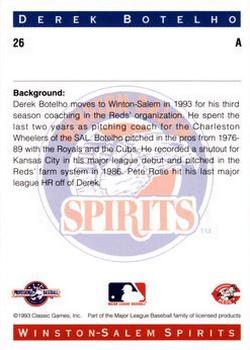1993 Classic Best Winston-Salem Spirits #26 Derek Botelho Back