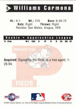 1994 Classic Best Princeton Reds #6 Williams Carmona Back