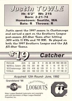 1998 Grandstand Chattanooga Lookouts #NNO Justin Towle Back