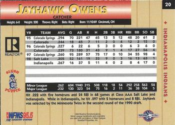 1999 Blueline Indianapolis Indians #20 Jayhawk Owens Back
