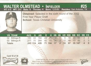 2004 MultiAd Dayton Dragons #18 Walter Olmstead Back