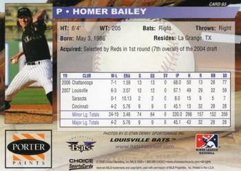 2008 Choice Louisville Bats #03 Homer Bailey Back