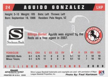 2008 Grandstand Billings Mustangs #NNO Aguido Gonzalez Back