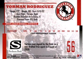 2009 Grandstand Billings Mustangs #NNO Yorman Rodriguez Back