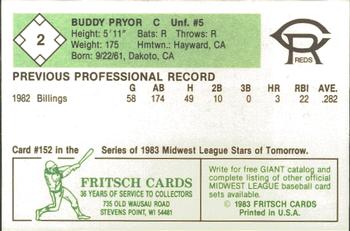 1983 Fritsch Cedar Rapids Reds #2 Buddy Pryor Back