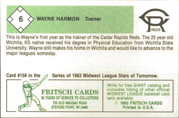 1983 Fritsch Cedar Rapids Reds #6 Wayne Harmon Back