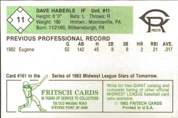 1983 Fritsch Cedar Rapids Reds #11 Dave Haberle Back