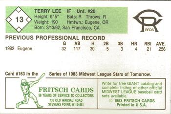 1983 Fritsch Cedar Rapids Reds #13 Terry Lee Back