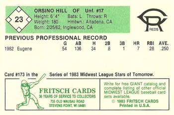 1983 Fritsch Cedar Rapids Reds #23 Orsino Hill Back