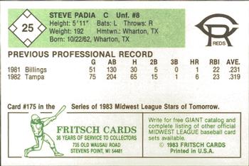 1983 Fritsch Cedar Rapids Reds #25 Steve Padia Back